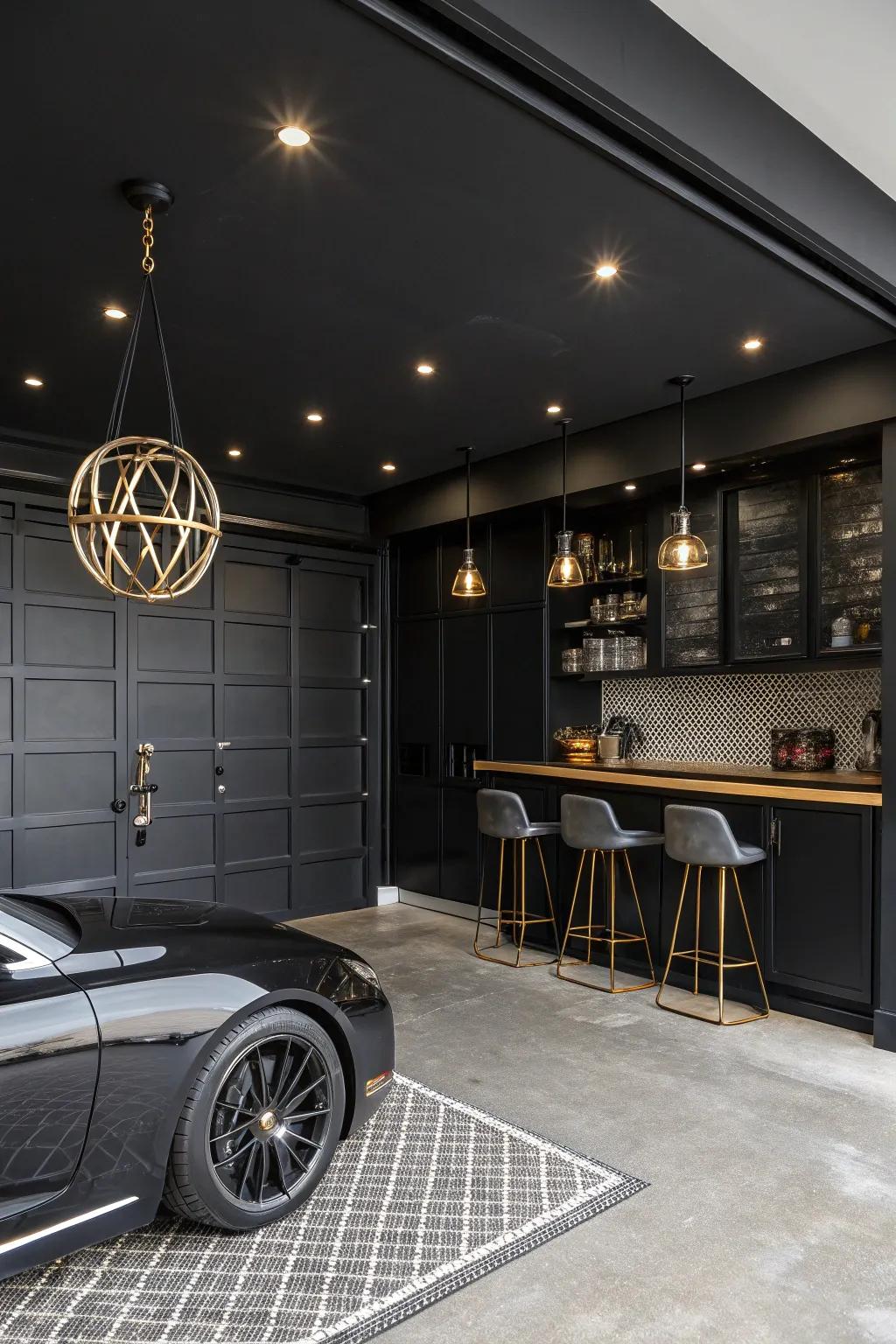 Dark walls introduce an element of drama to this contemporary garage.