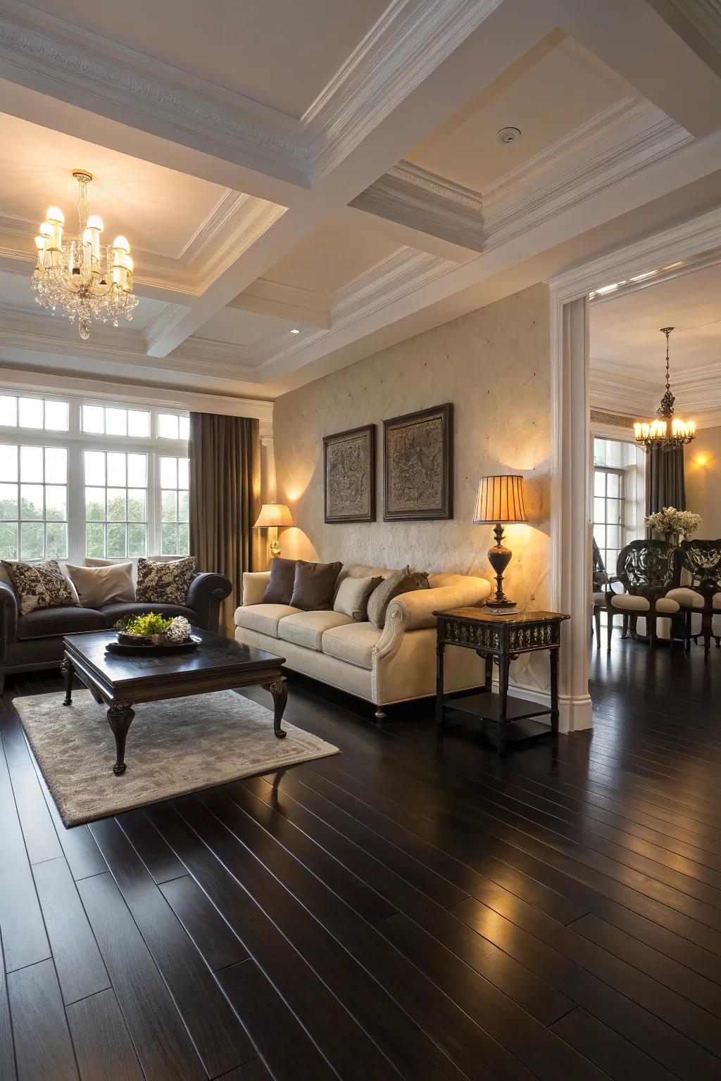 Refined lounge featuring dark hardwood floors.
