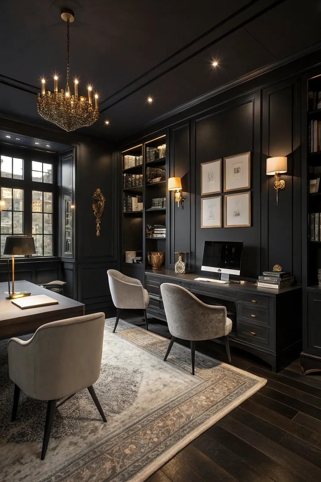 Black painted walls offer a striking foundation for an elegant and modern workspace.