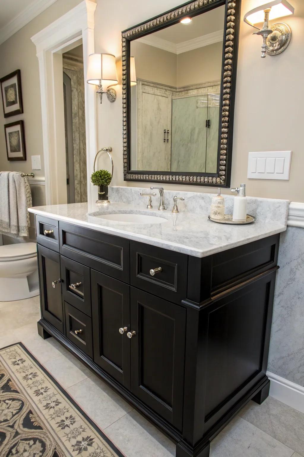 The enduring charm of monochrome creates a balanced and elegant bathroom atmosphere.