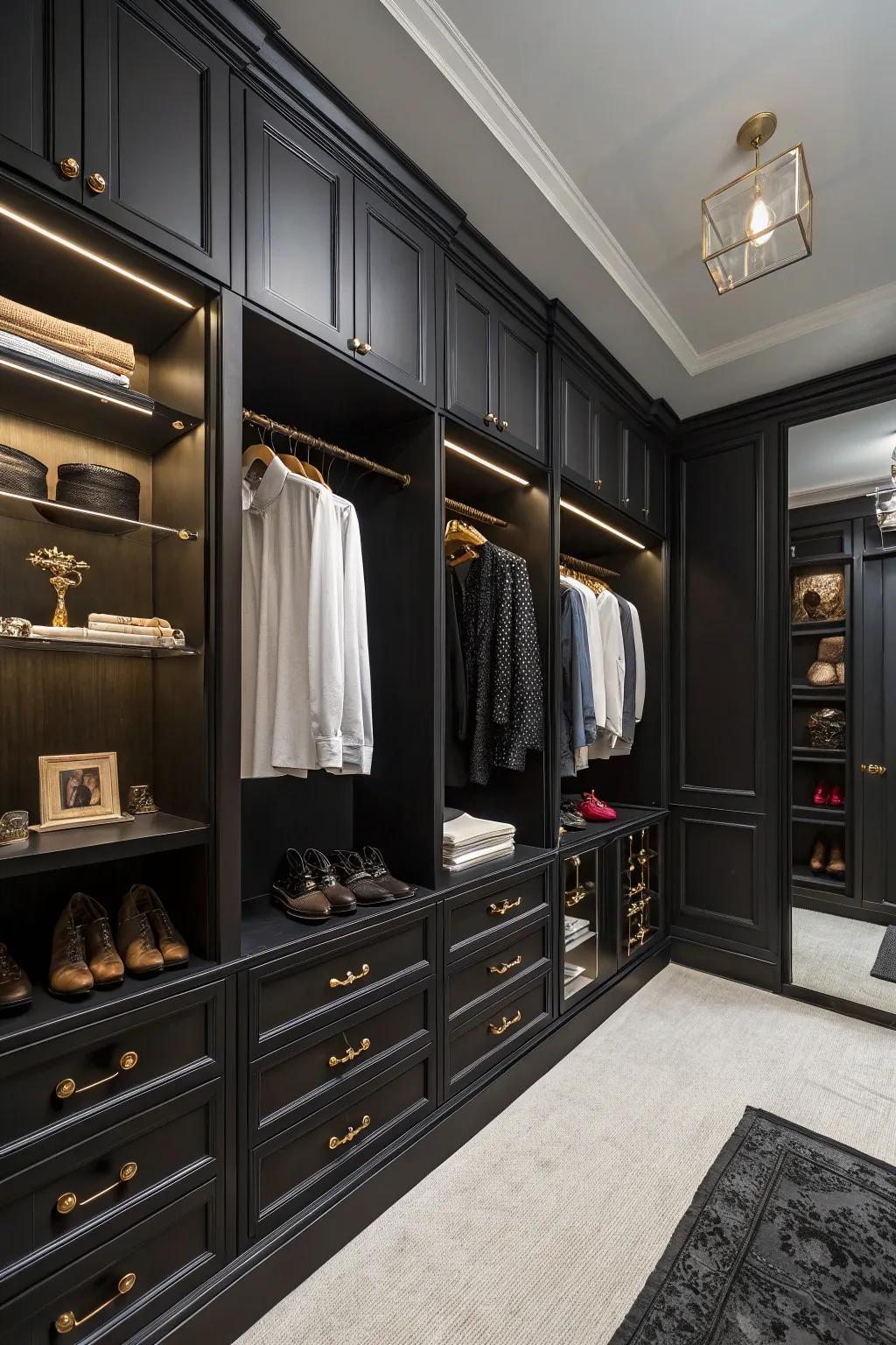A walk-in closet employing a dark color scheme to highlight individual style.
