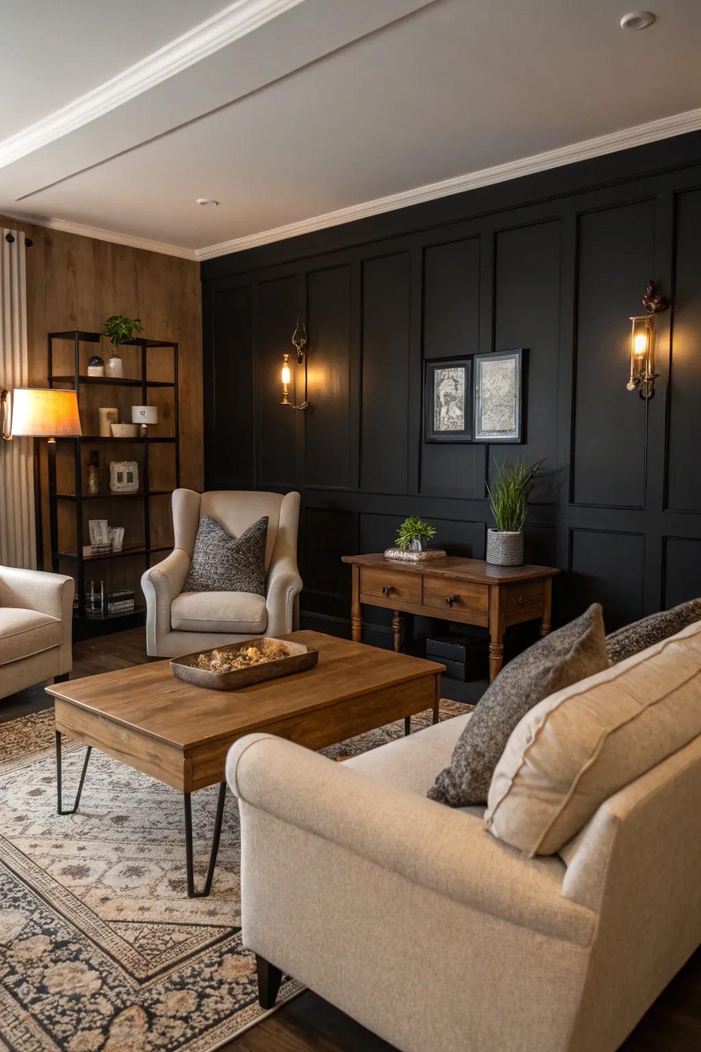 An inviting living room showcasing a remarkable dark accent wall.
