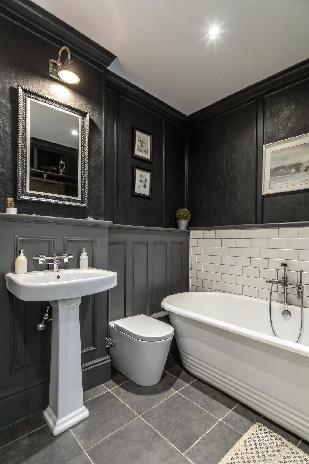 Luxurious black walls bring depth and a sense of opulence to this contemporary bathroom.
