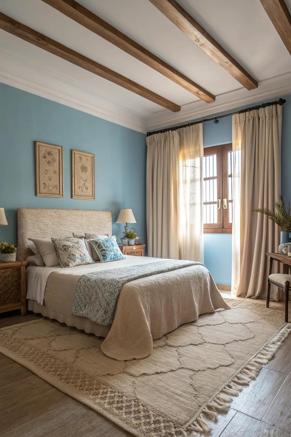 Azure walls alongside sandstone accents yield a tranquil, shore-inspired hideaway.
