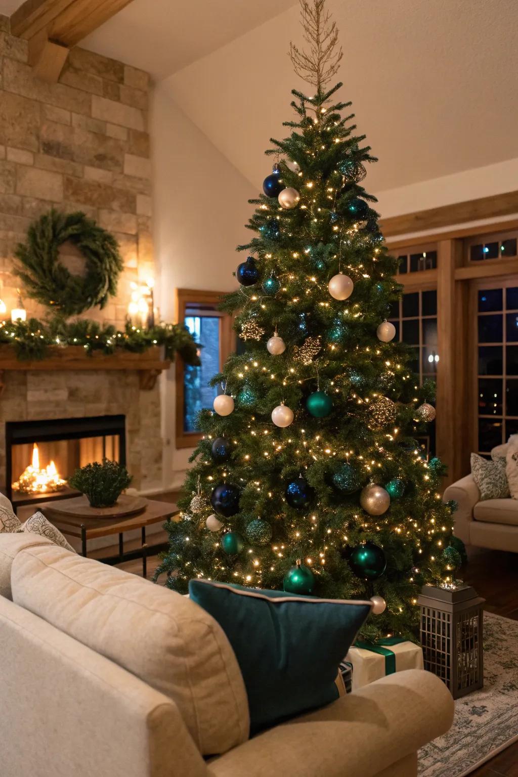 A classically styled Christmas tree with ornaments in shades of blue and green, radiating sophistication and warmth.