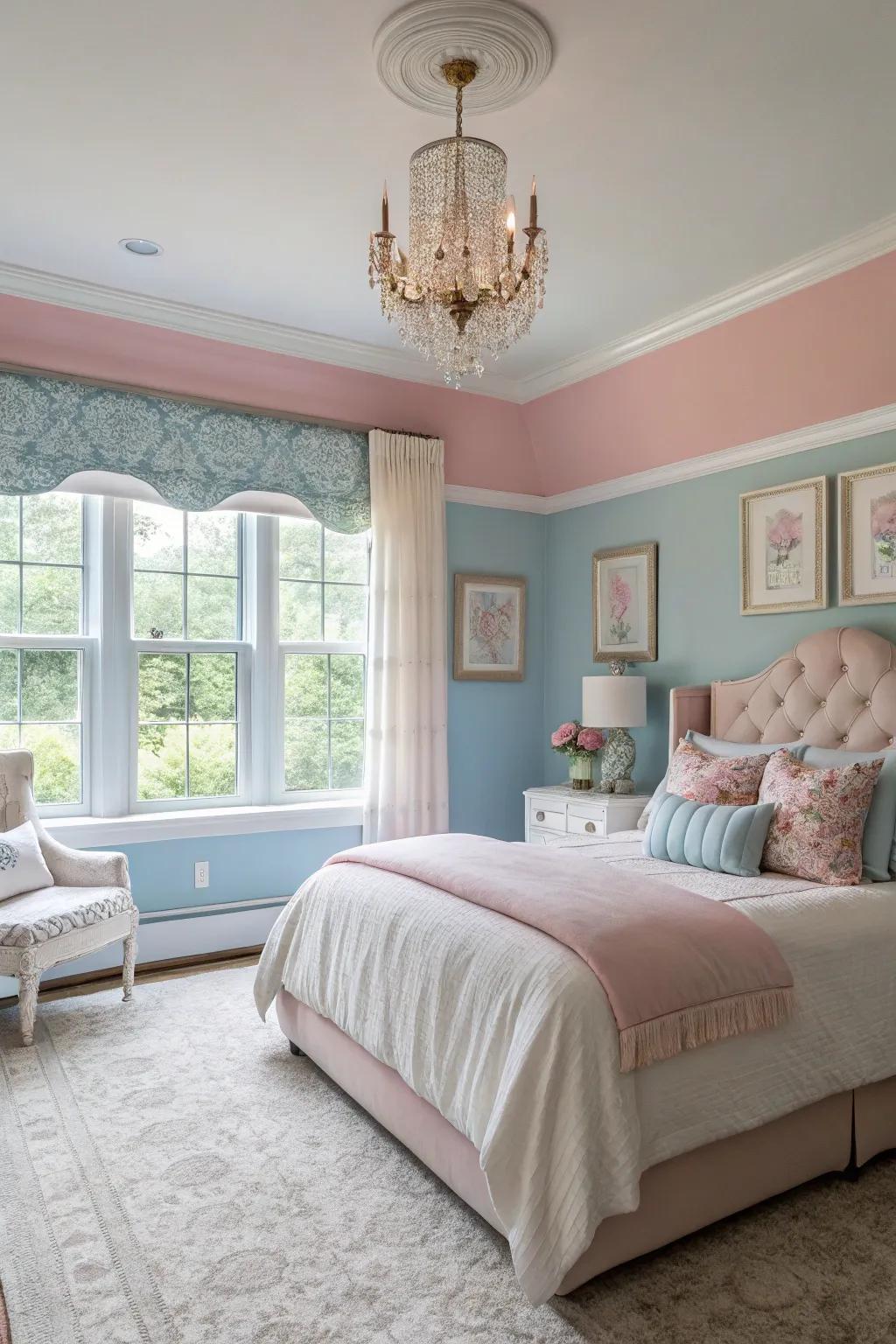 Delicate walls offer a relaxing and welcoming feeling in the bedroom.