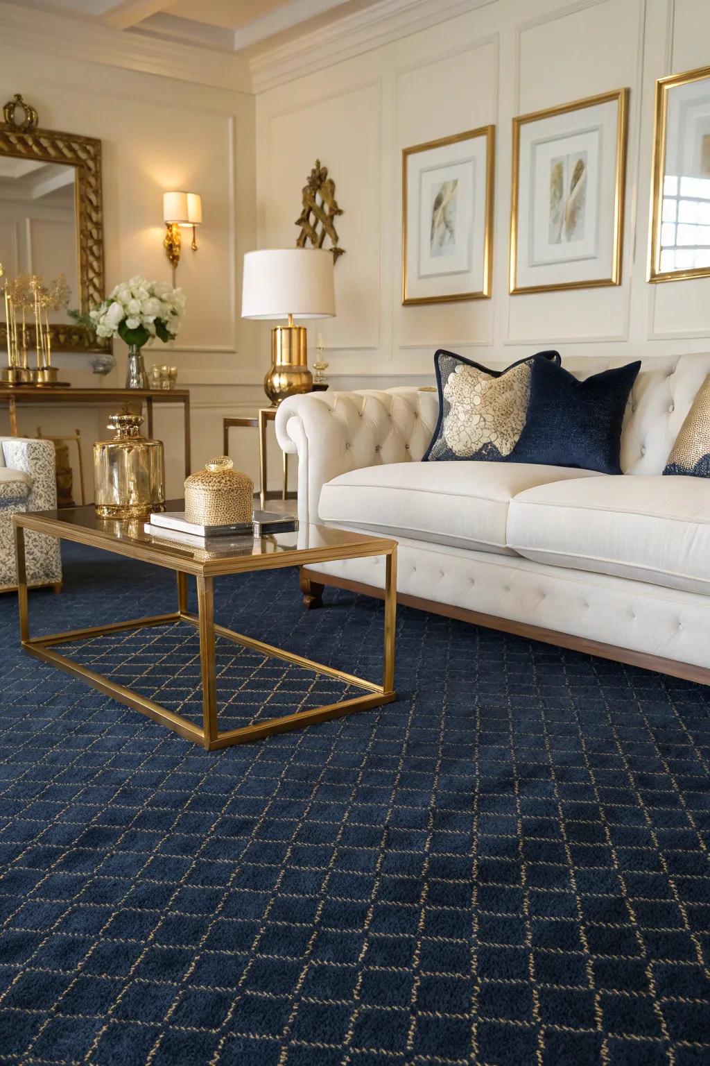 An ultramarine carpet establishes a daring base in this chic lounge.