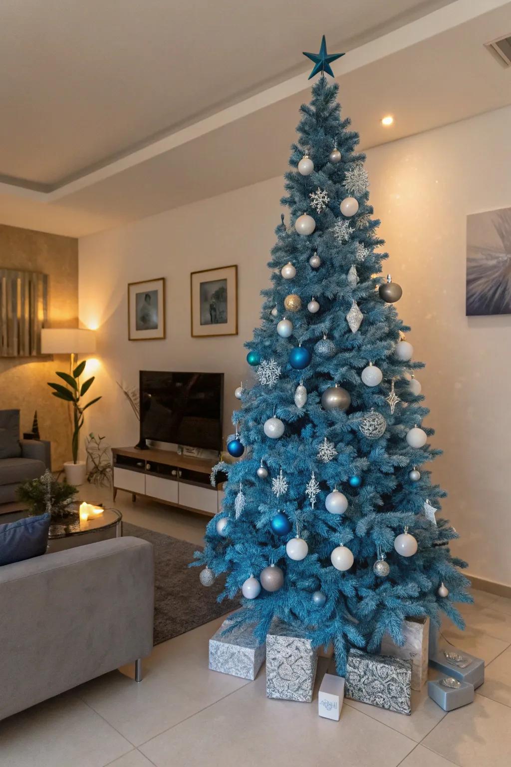 A striking azure holiday fir creates an impressive statement piece.