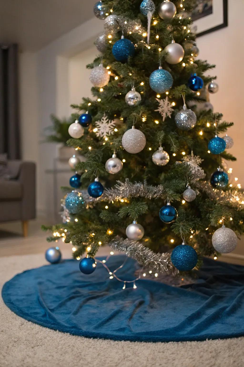 A magnificent blue and silver Christmas tree