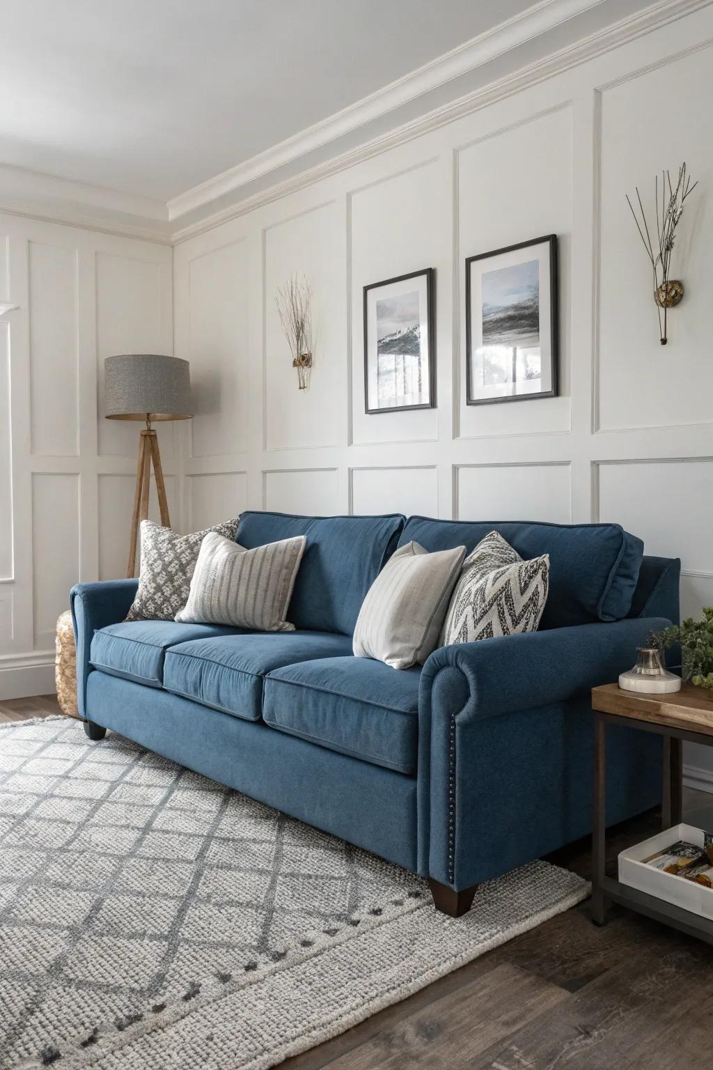 A tranquil living space showcasing a sapphire sofa complemented by neutral accents.
