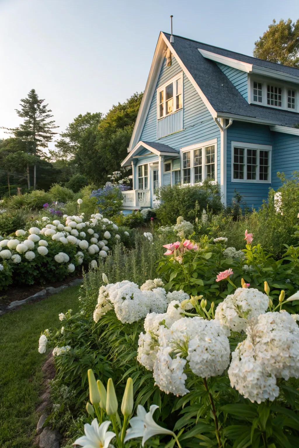 White blossoms create a striking visual contrast against a blue home.