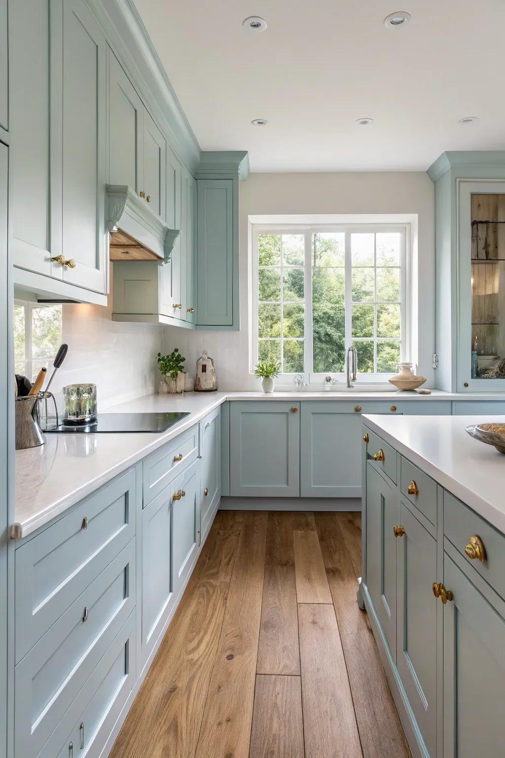 Delicate blue cabinetry harmonized with pure white worktops crafts a tranquil and airy kitchen feel.