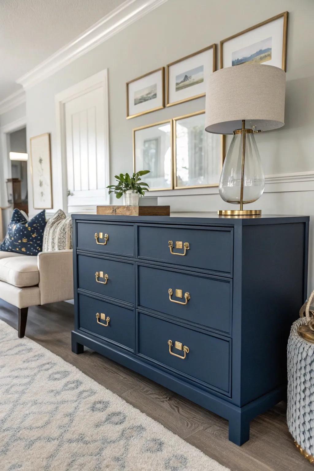 A navy blue dresser is styled with elegance in a contemporary living area.