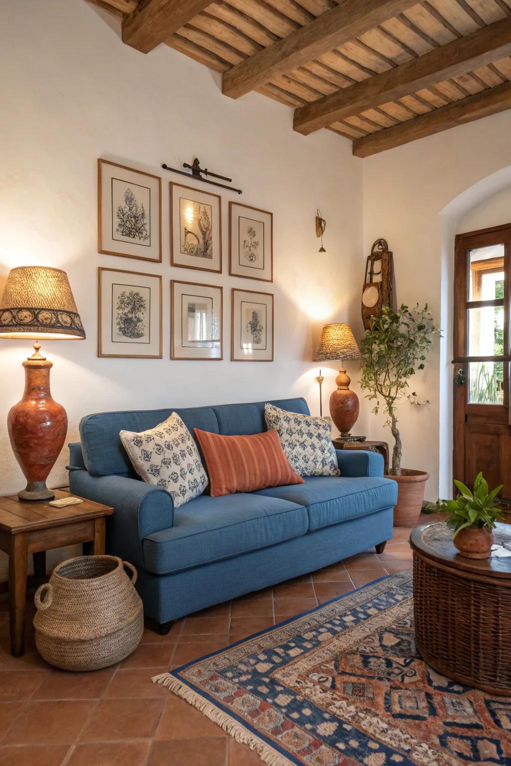 Pair a sapphire loveseat with warm earth tones for a welcoming vibe.