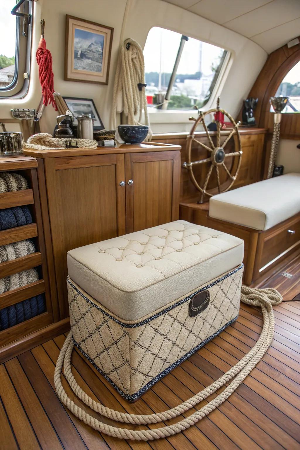 An attractive ottoman with hidden storage in a boat interior with a nautical theme.