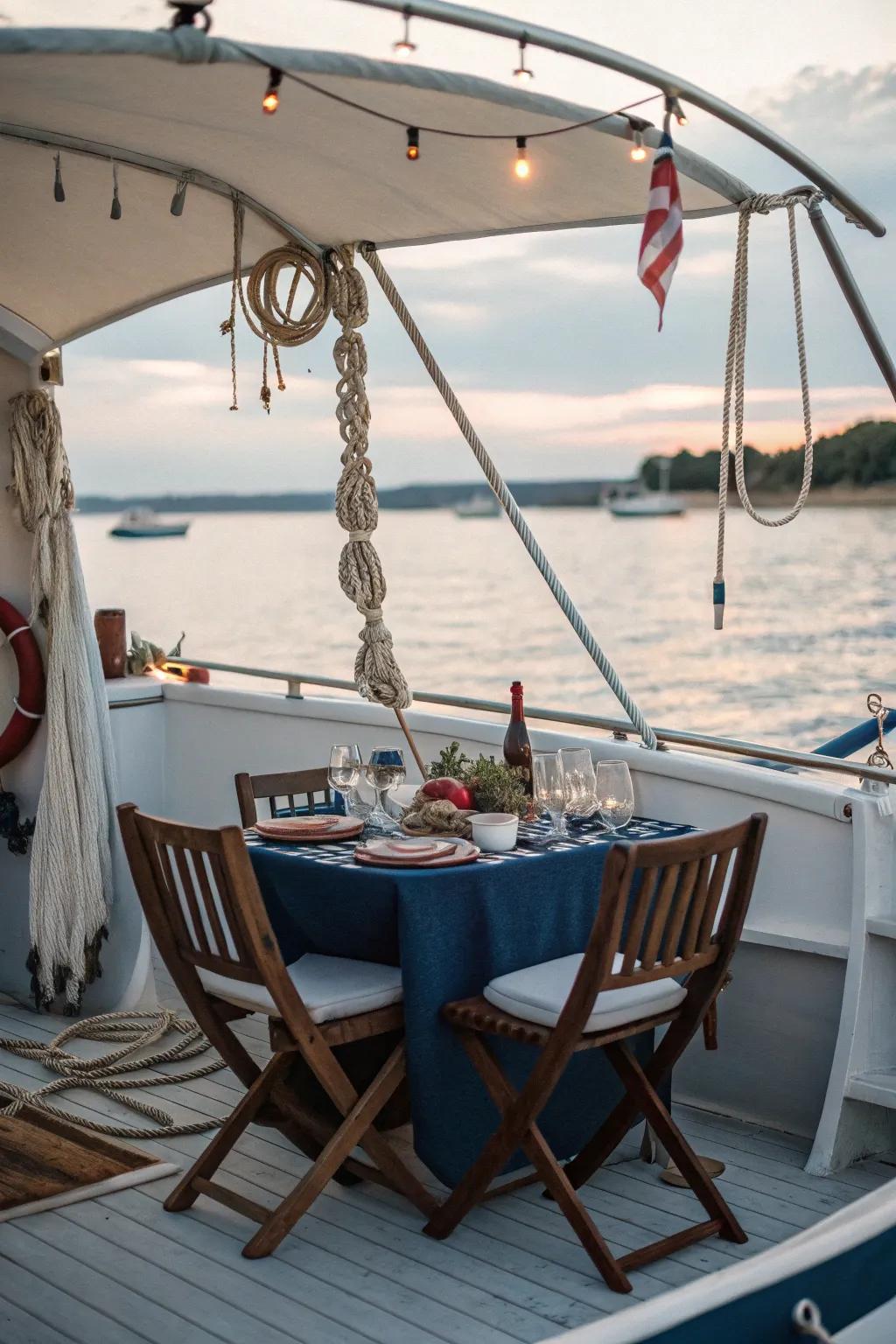 A clever dining arrangement featuring a foldable table, perfect for compact boat interiors.