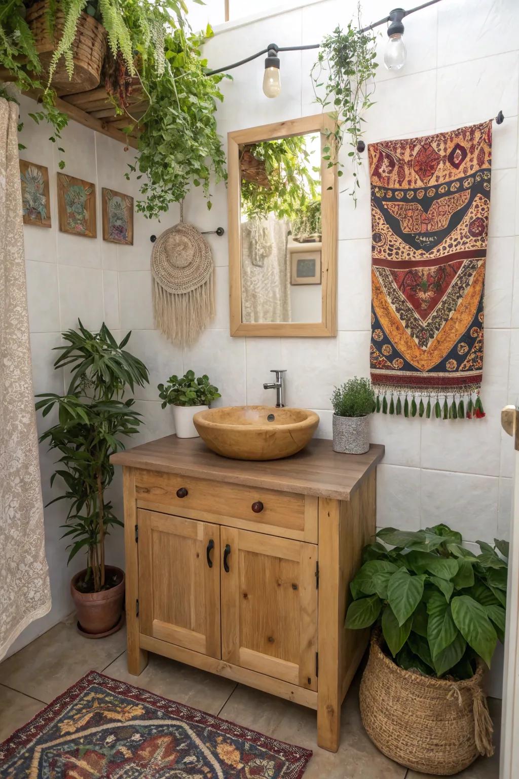 A boho bathroom showcasing a magnificent natural wood vanity and abundant verdure.