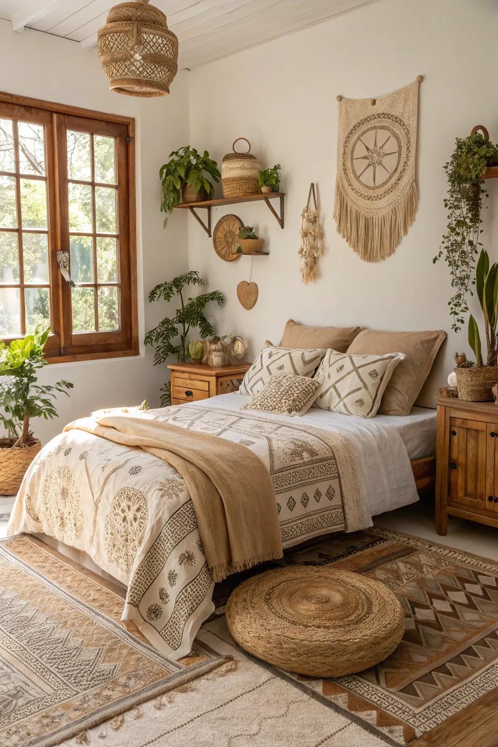 Organic tones create a cozy and appealing bohemian bedroom.