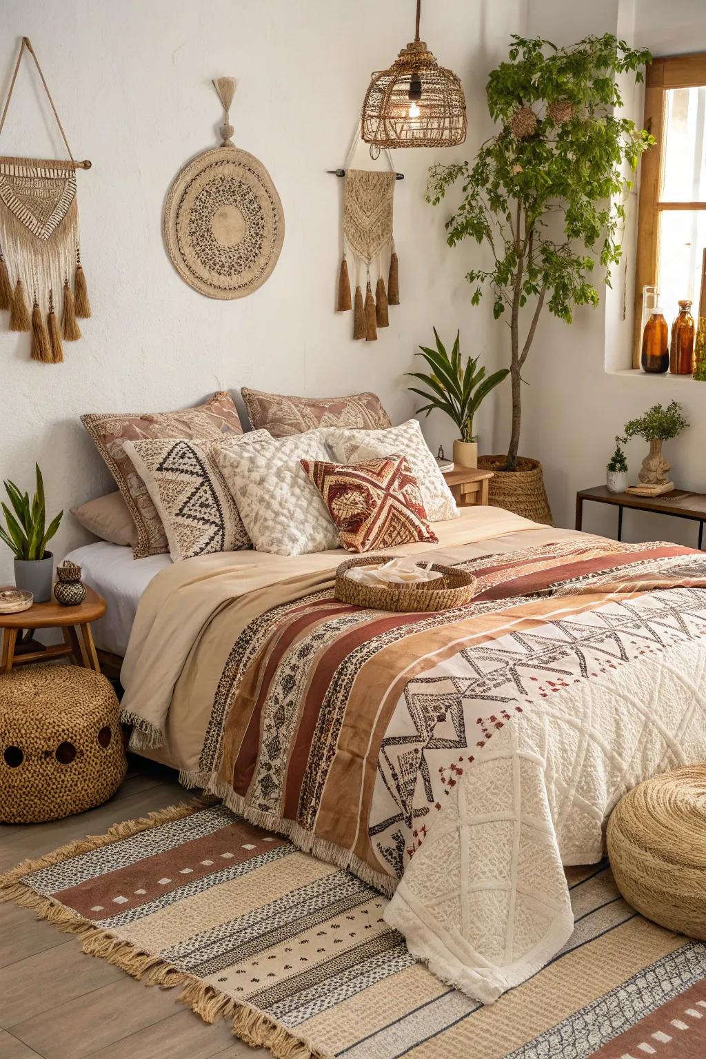 Earthy-toned, textured bedding for a welcoming and comfortable boho sanctuary.