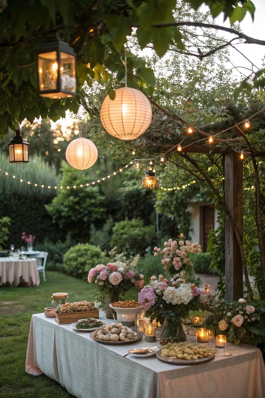 A captivating garden brunch ambiance aglow with twinkling lights and encircled by nature.