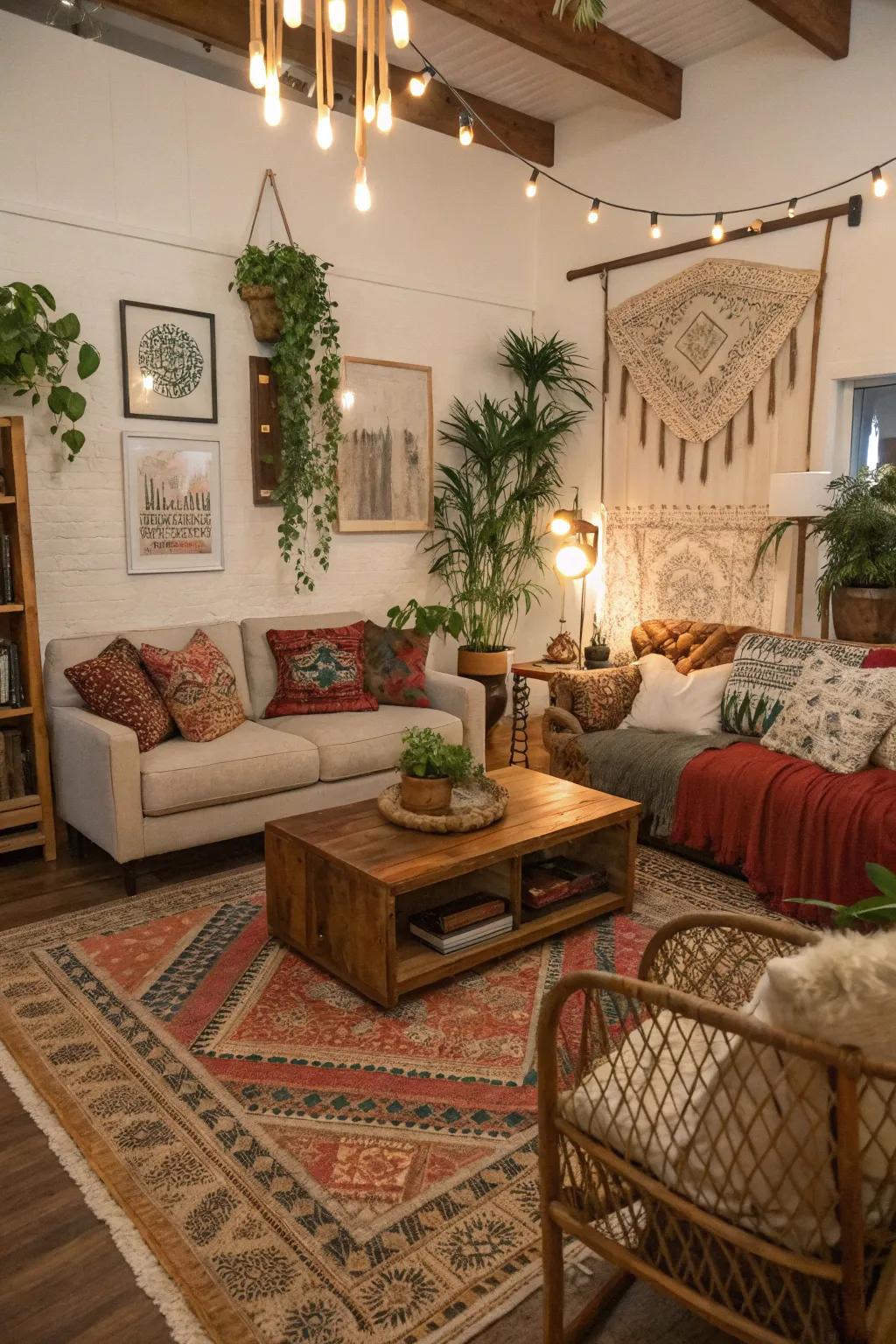 A diverse living space showcasing a fusion of furniture styles.