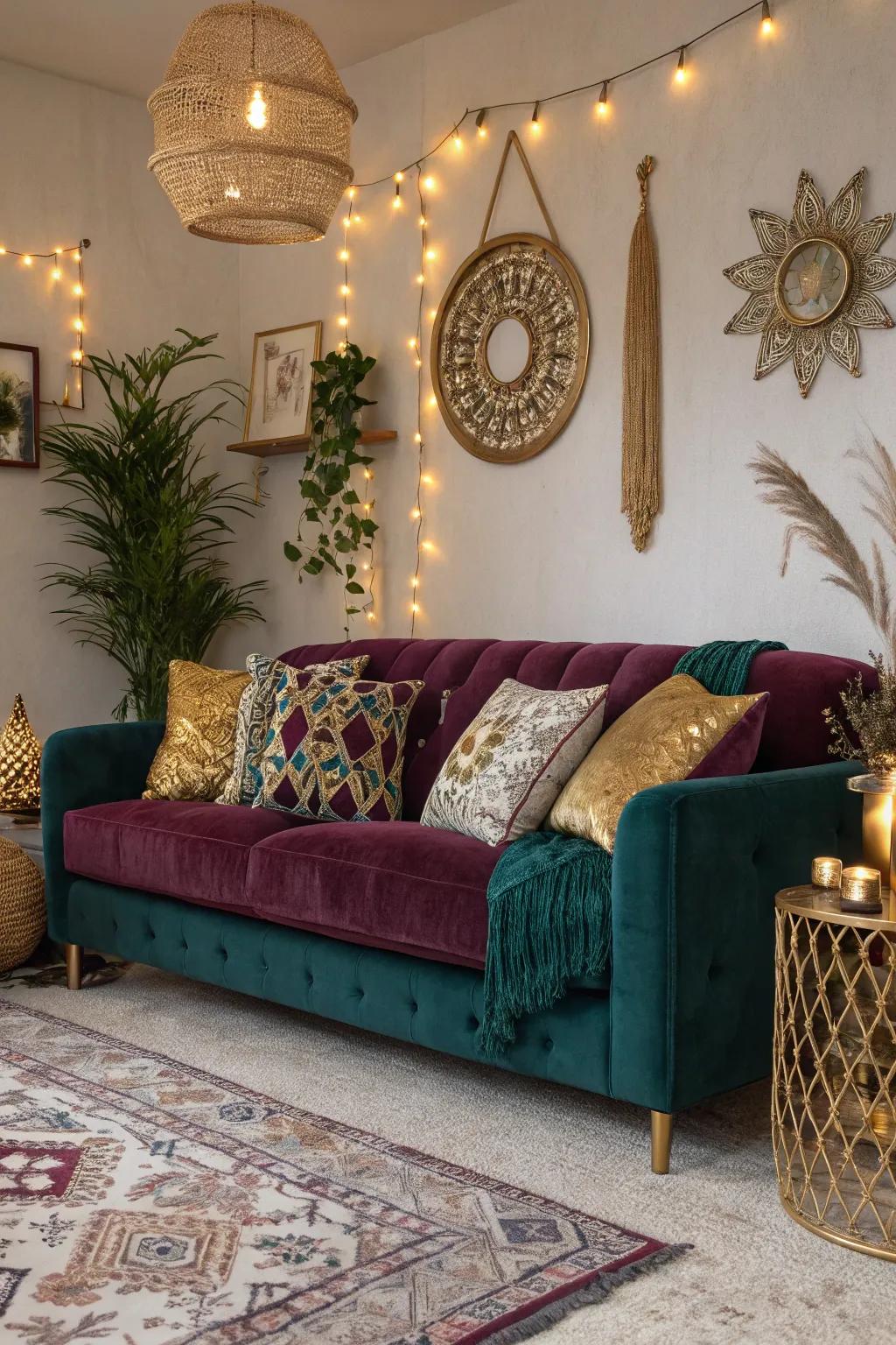 A jewel-toned velvet couch brings a glamorous touch to this free-spirited setting.