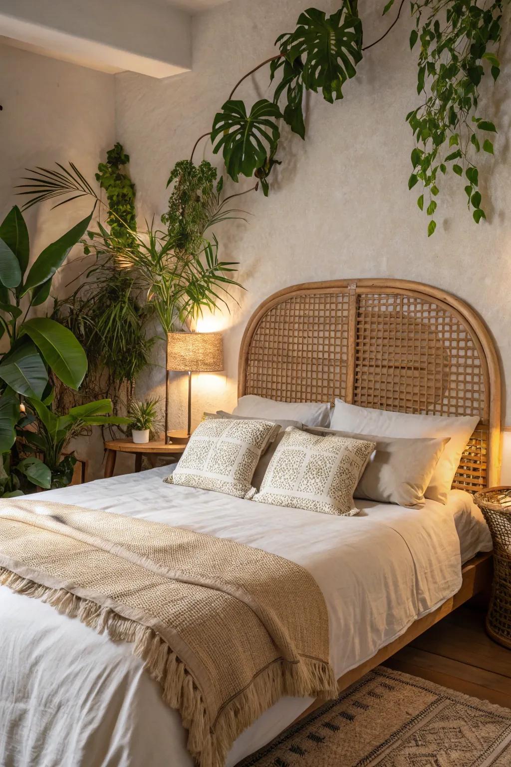 A woven rattan headboard lends an organic element to this boho bedroom.