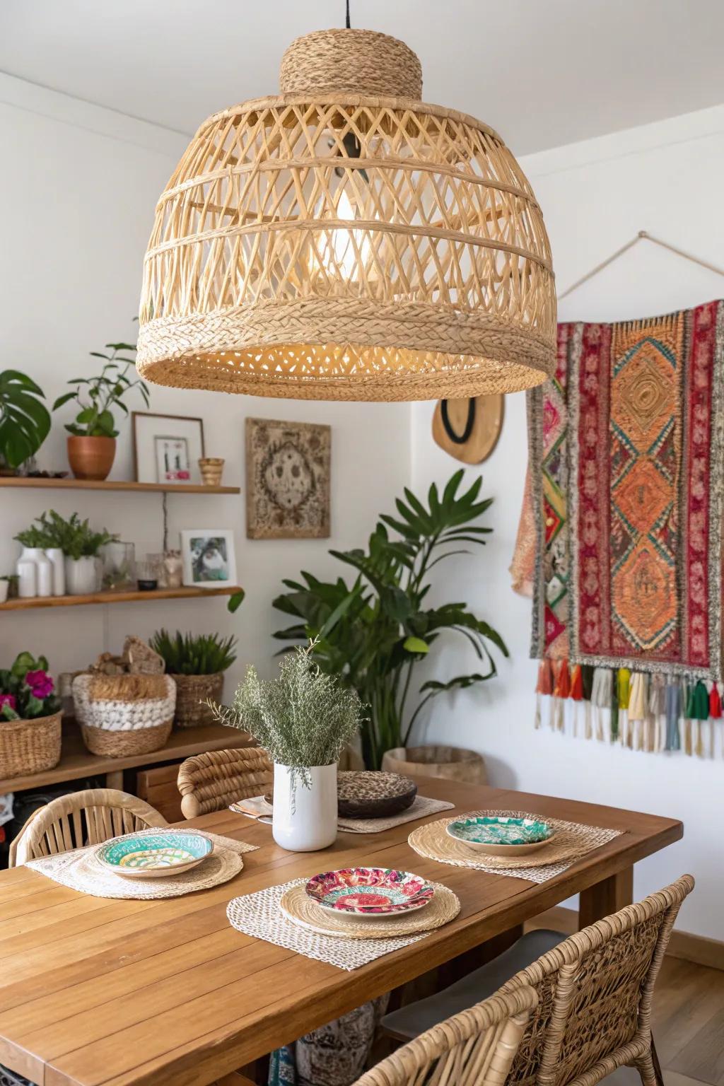 An exquisite rattan pendant enhances the bohemian ambiance of this dining area.