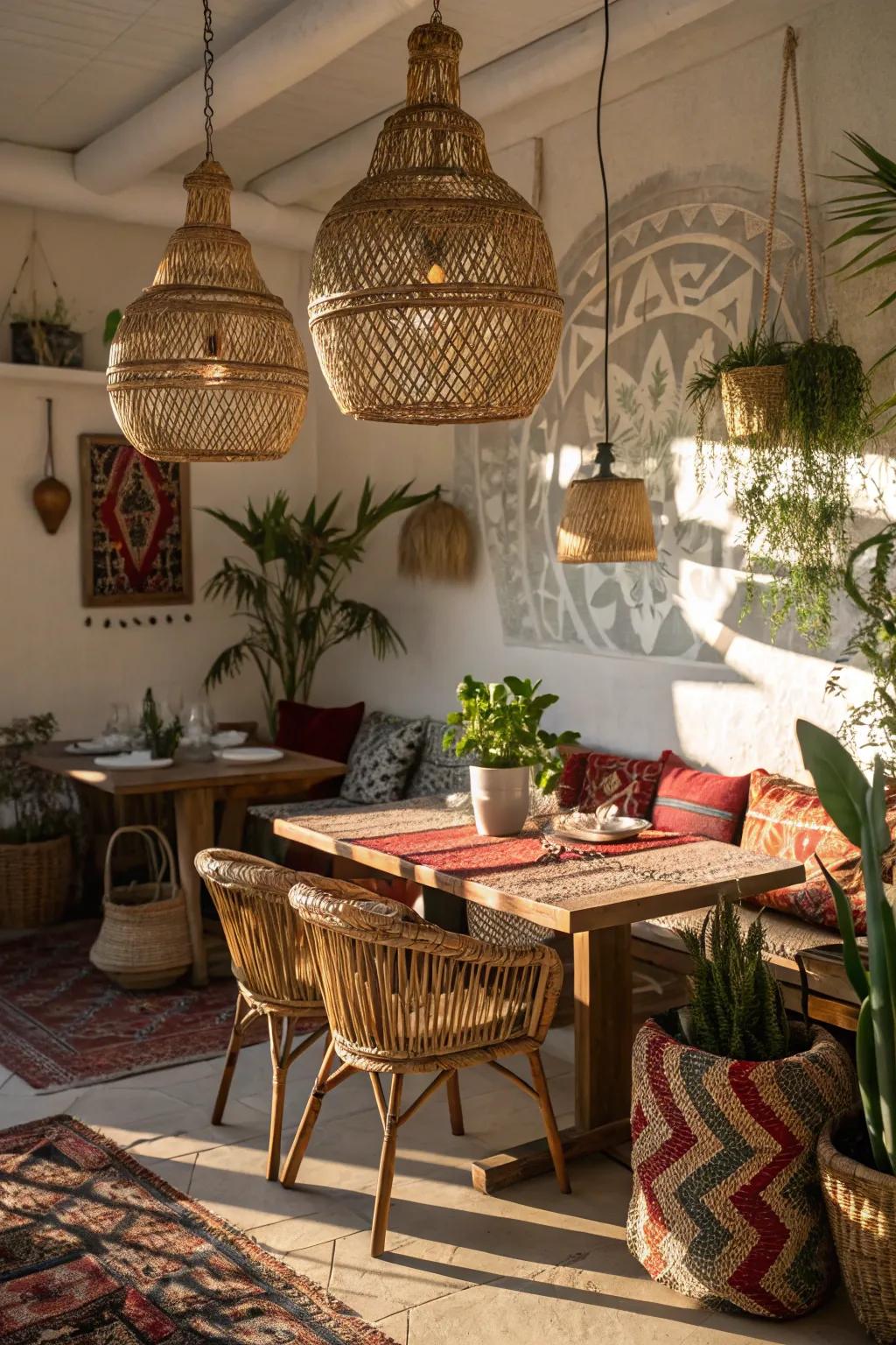Woven pendant lights projecting exquisite patterns in a bohemian dining area.