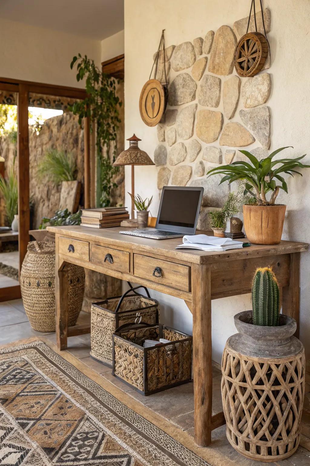 A boho office elevated with natural elements such as timber and plants.