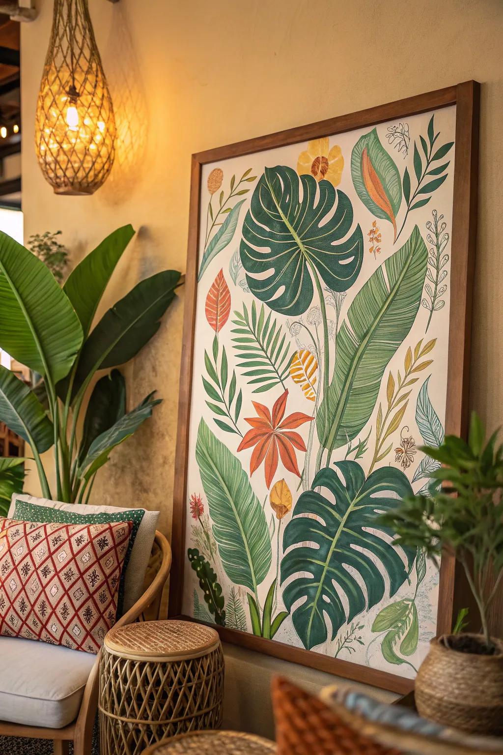 A boho artwork celebrating nature's splendor through verdant foliage and botanical motifs.