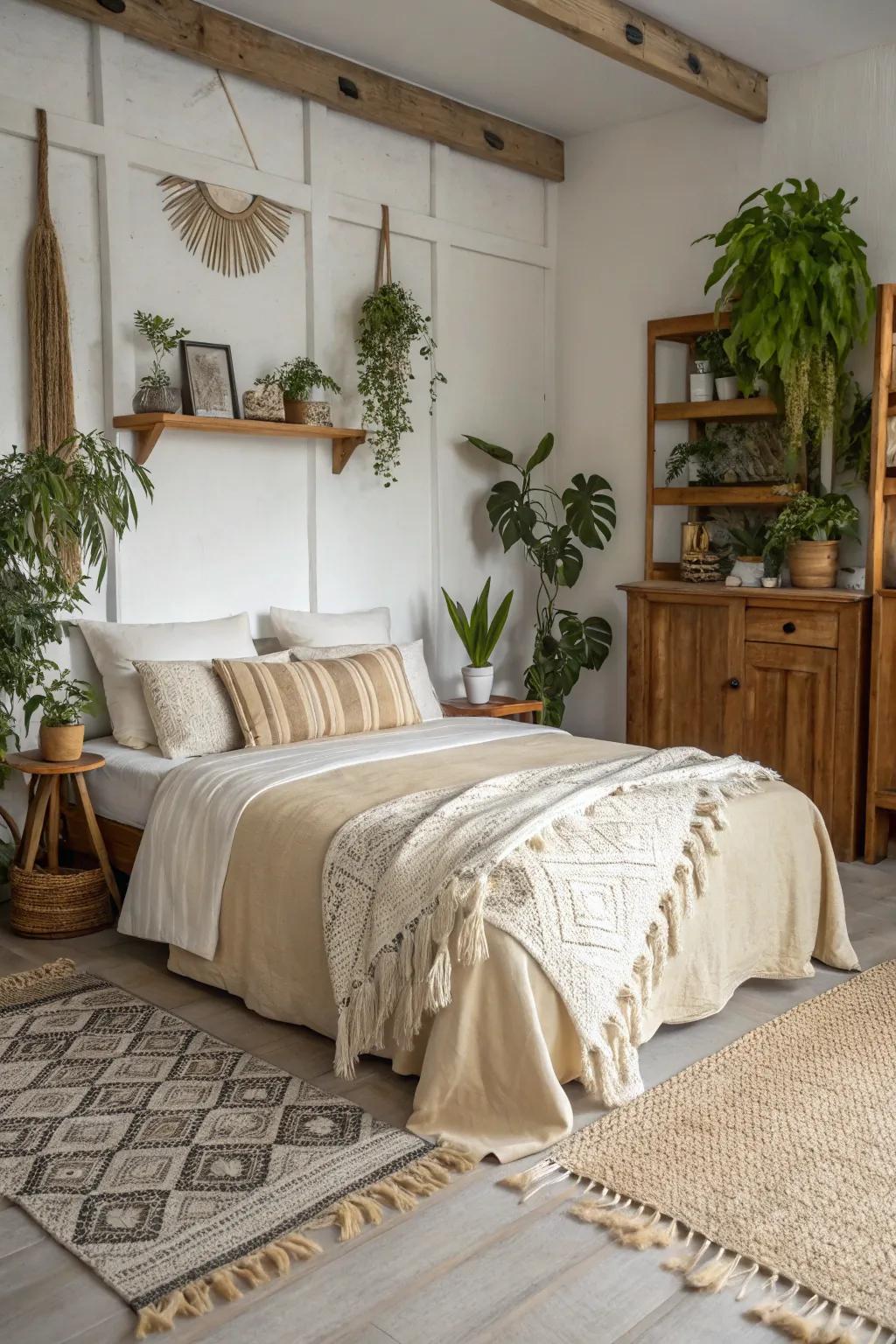 Neutral hues help create a soothing and unified bohemian setting.