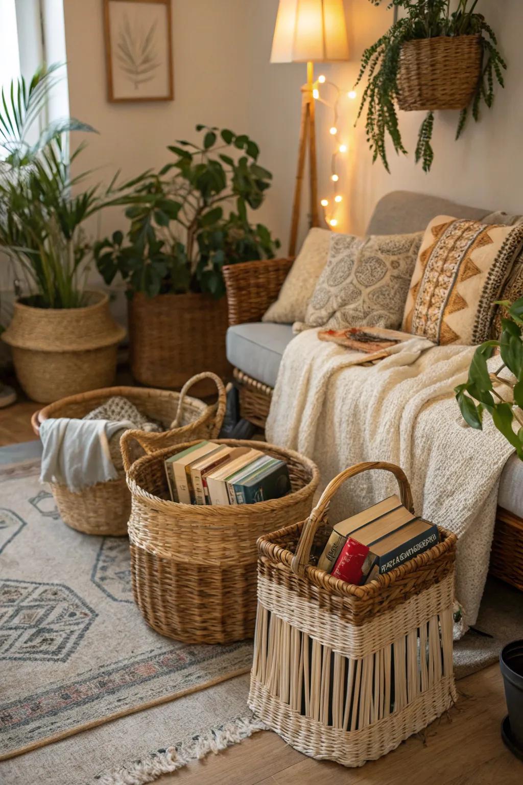 Wicker containers introduce texture and warmth to your boho design.