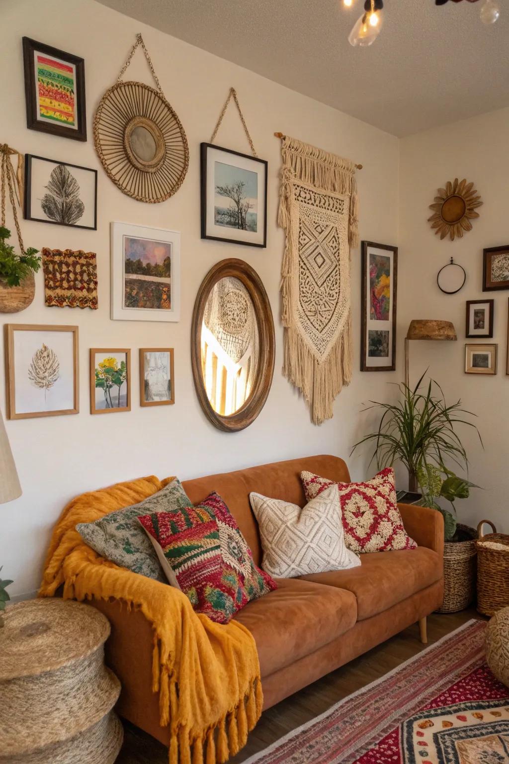 A varied art display filled with bohemian charm.
