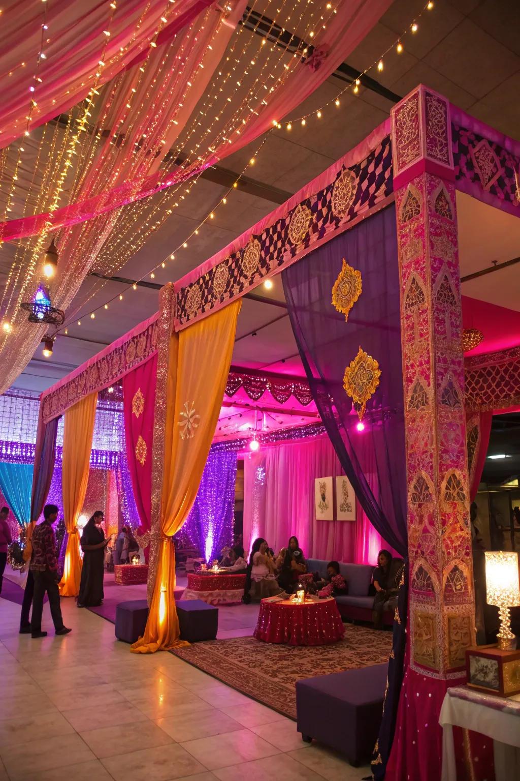 Experience the magic of Bollywood with radiant colors and energetic decorations.