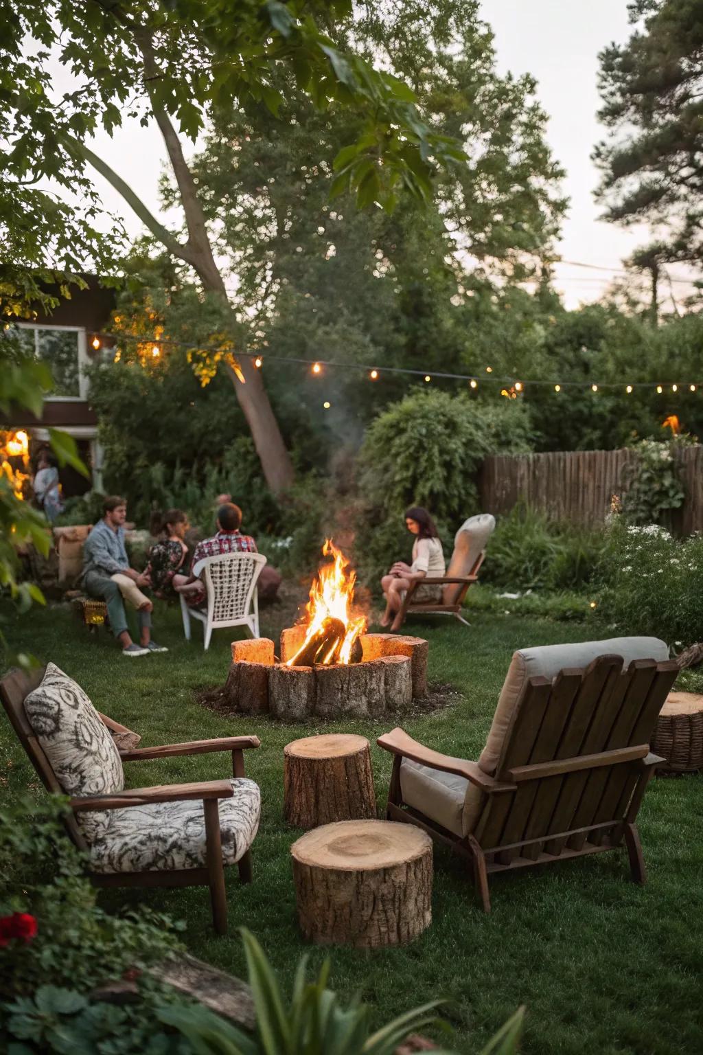 A country-style seating area encircling the bonfire.