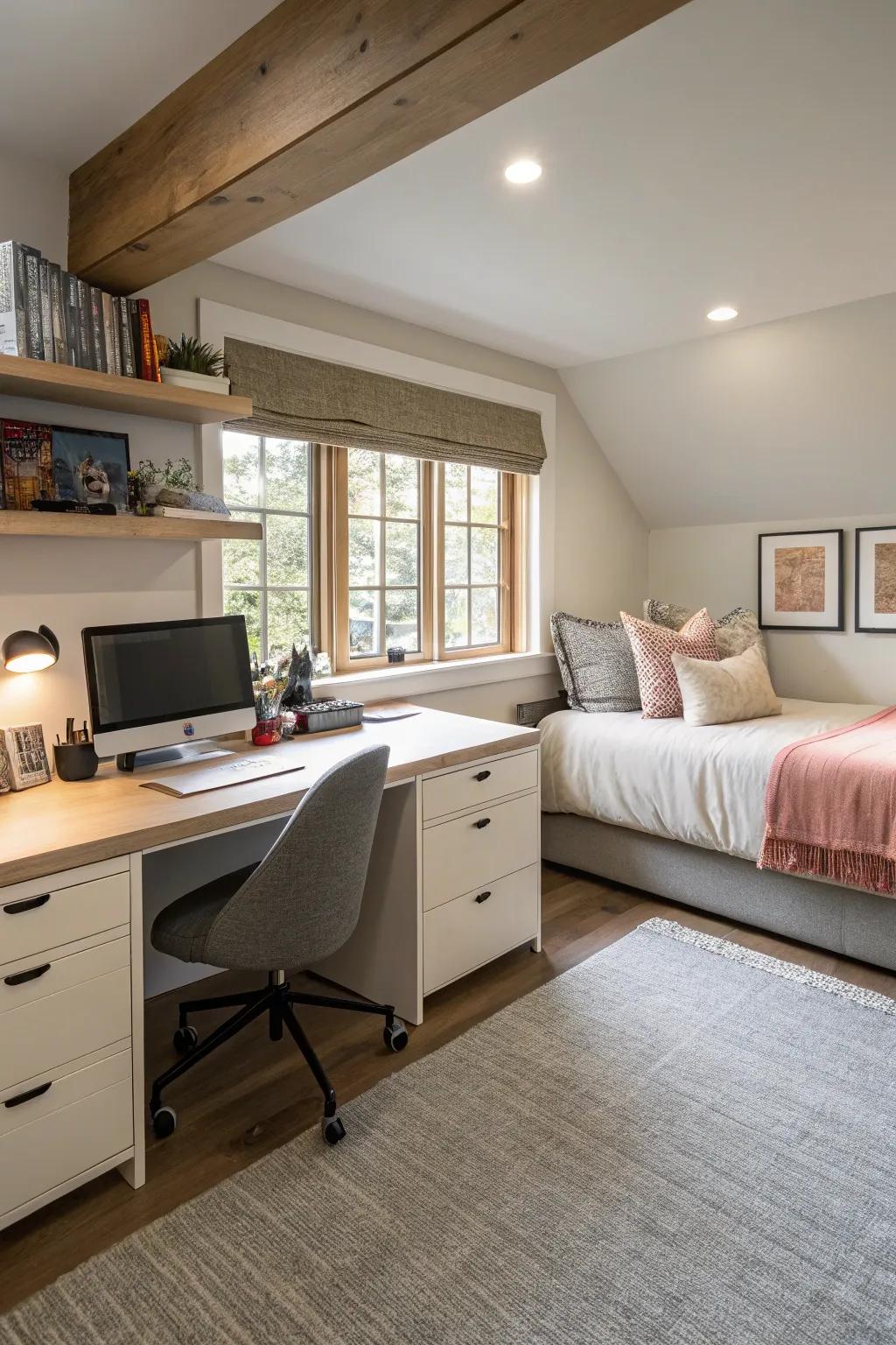 Blend work and rest harmoniously within a dual-function bedroom and office.