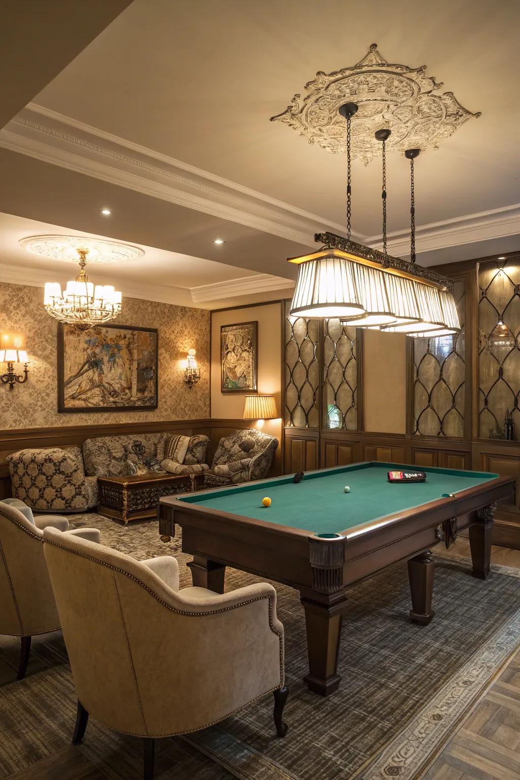 A traditional game room is centered around a billiards table.