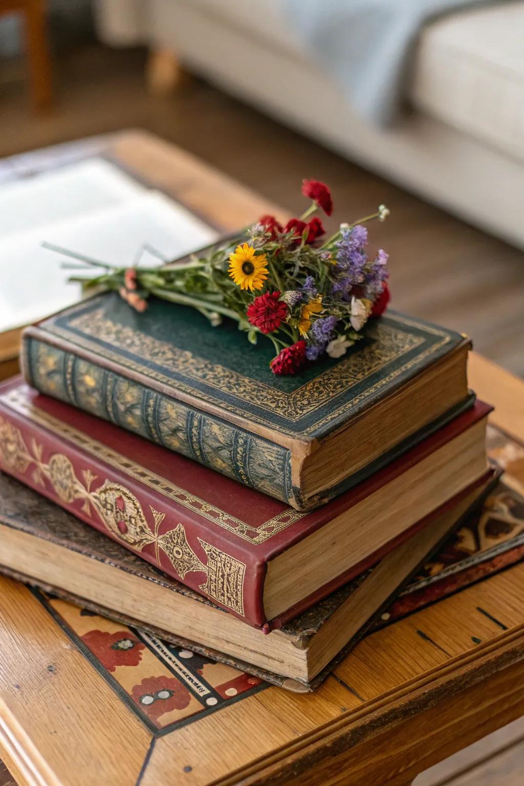 A classic centerpiece consisting of stacked vintage books and fresh flowers.