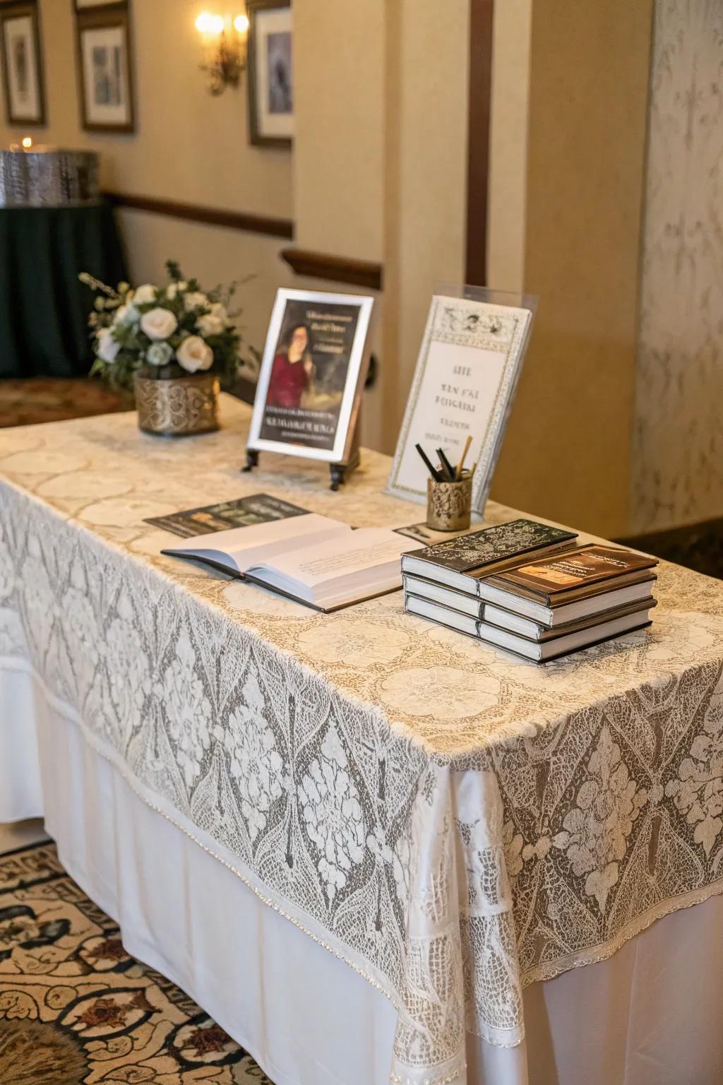 A themed table cover anchors the event's aesthetic.