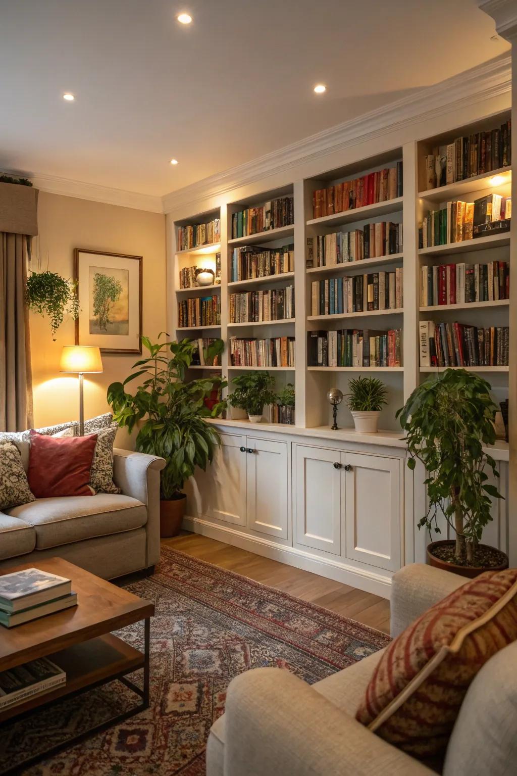 Integrated shelves transform a living room into a welcoming library.