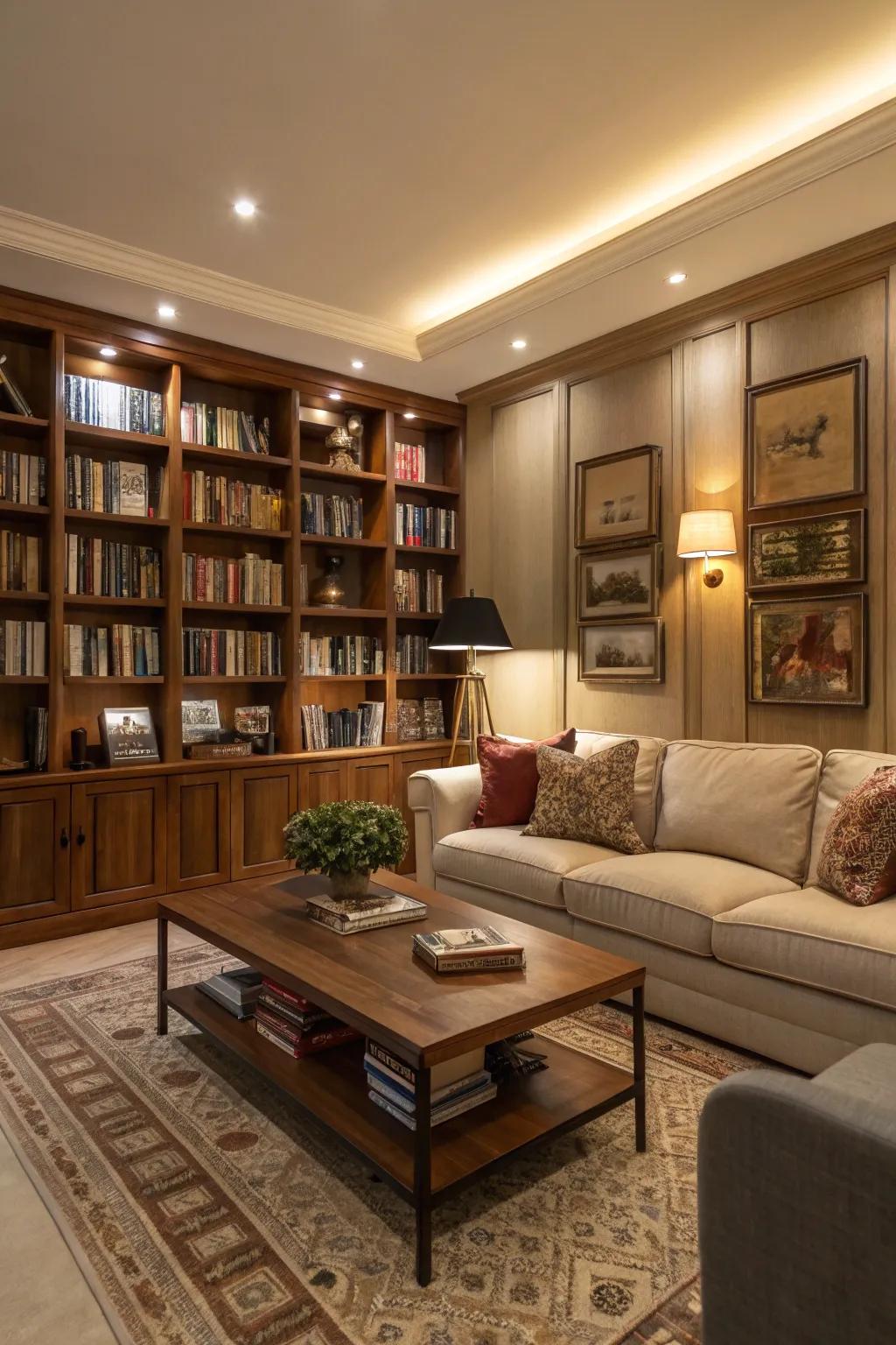 An integrated bookshelf wall creates a welcoming atmosphere in the living room.