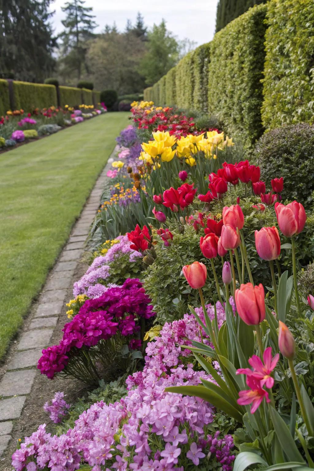 A brightly colored garden border showcasing lilies, rhododendrons, and pansies.