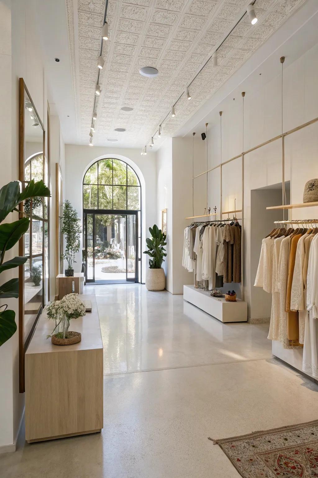 A minimalist boutique setting with a modern flair, showcasing neat lines and an open arrangement.