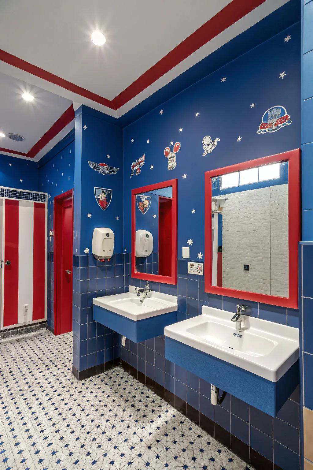 A vibrant boys' bathroom featuring a bold indigo and crimson color scheme.