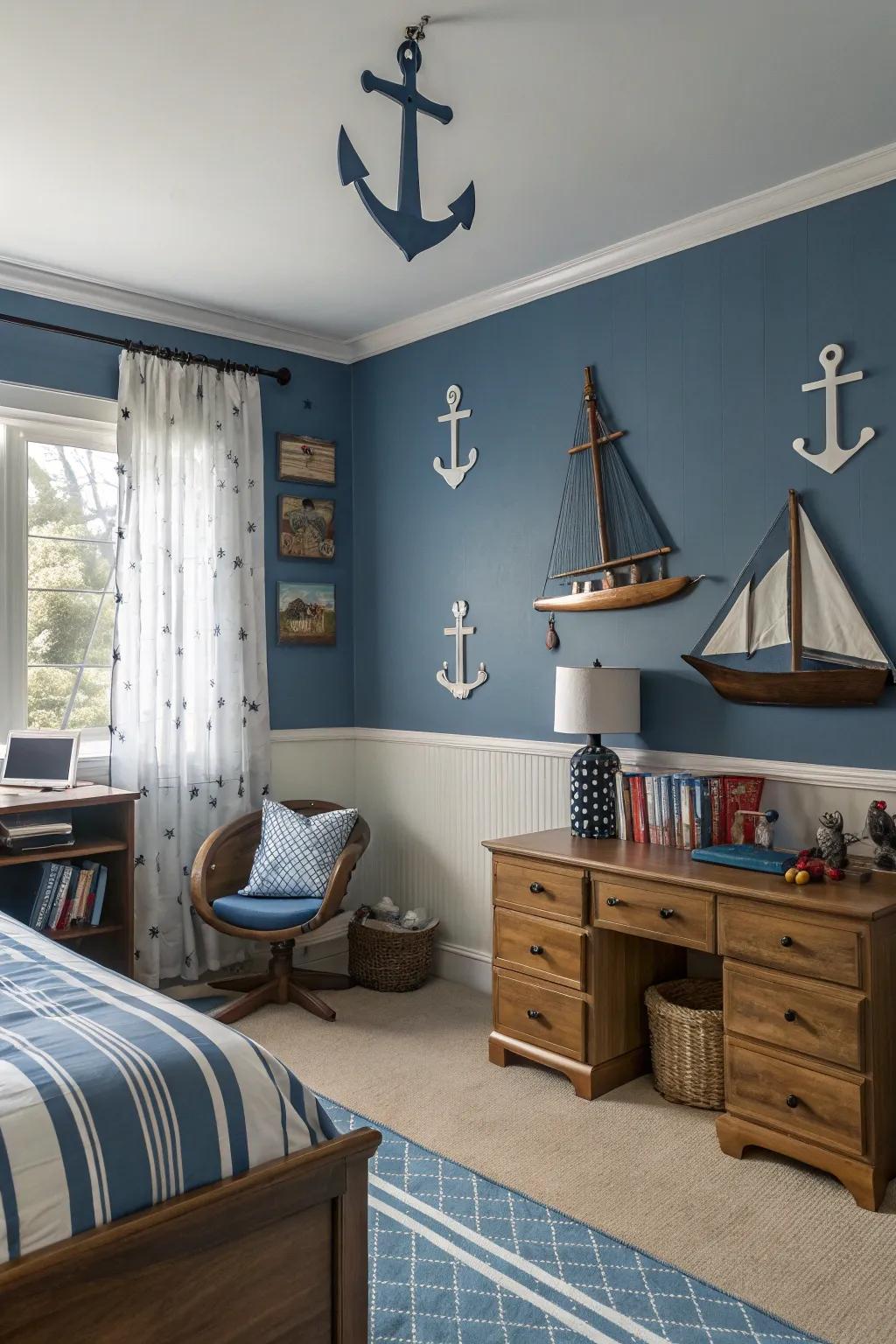 Soothing classic azure establishes a tranquil atmosphere for a boy's room.