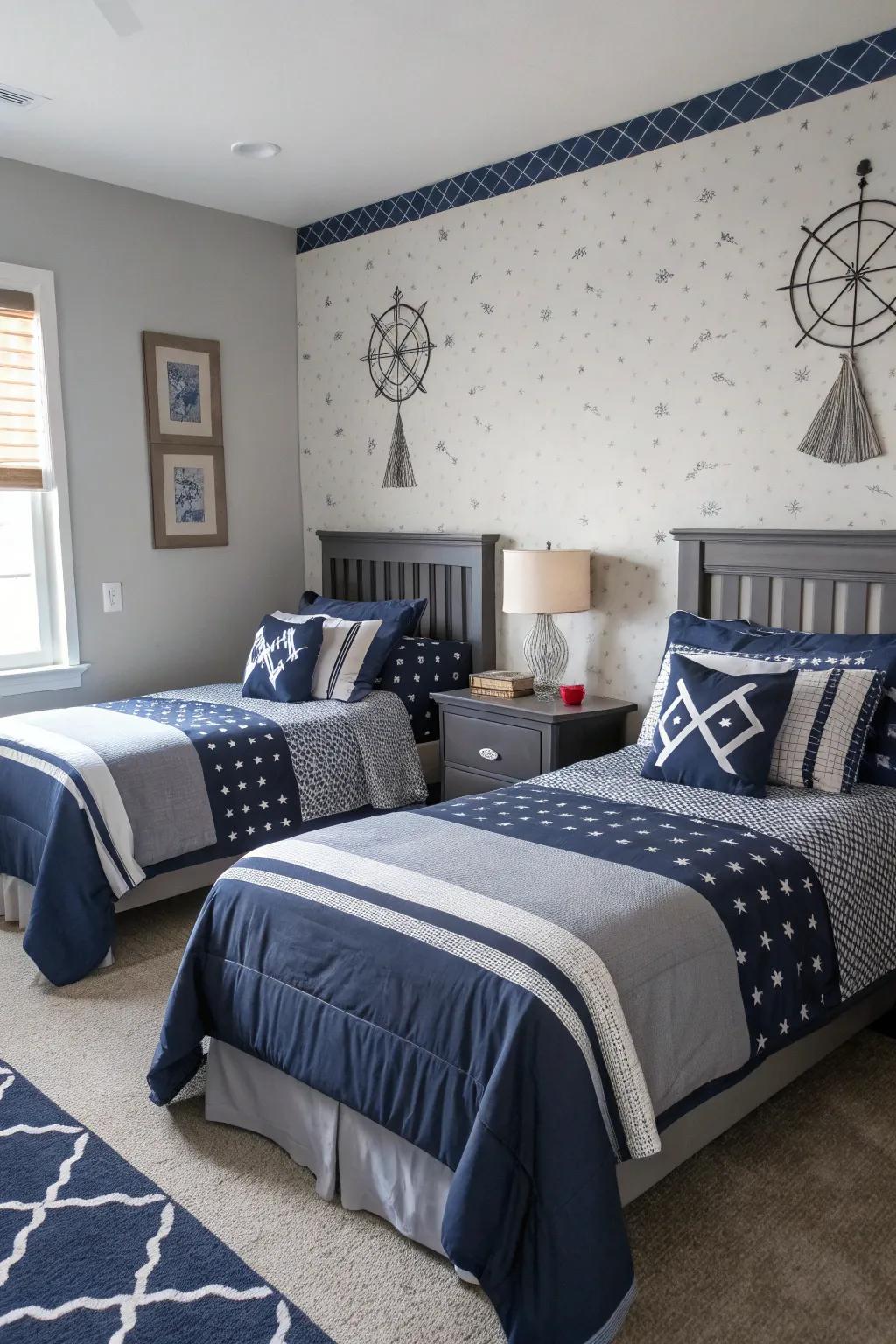 A tasteful combination of navy and gray ensures a timeless aesthetic.