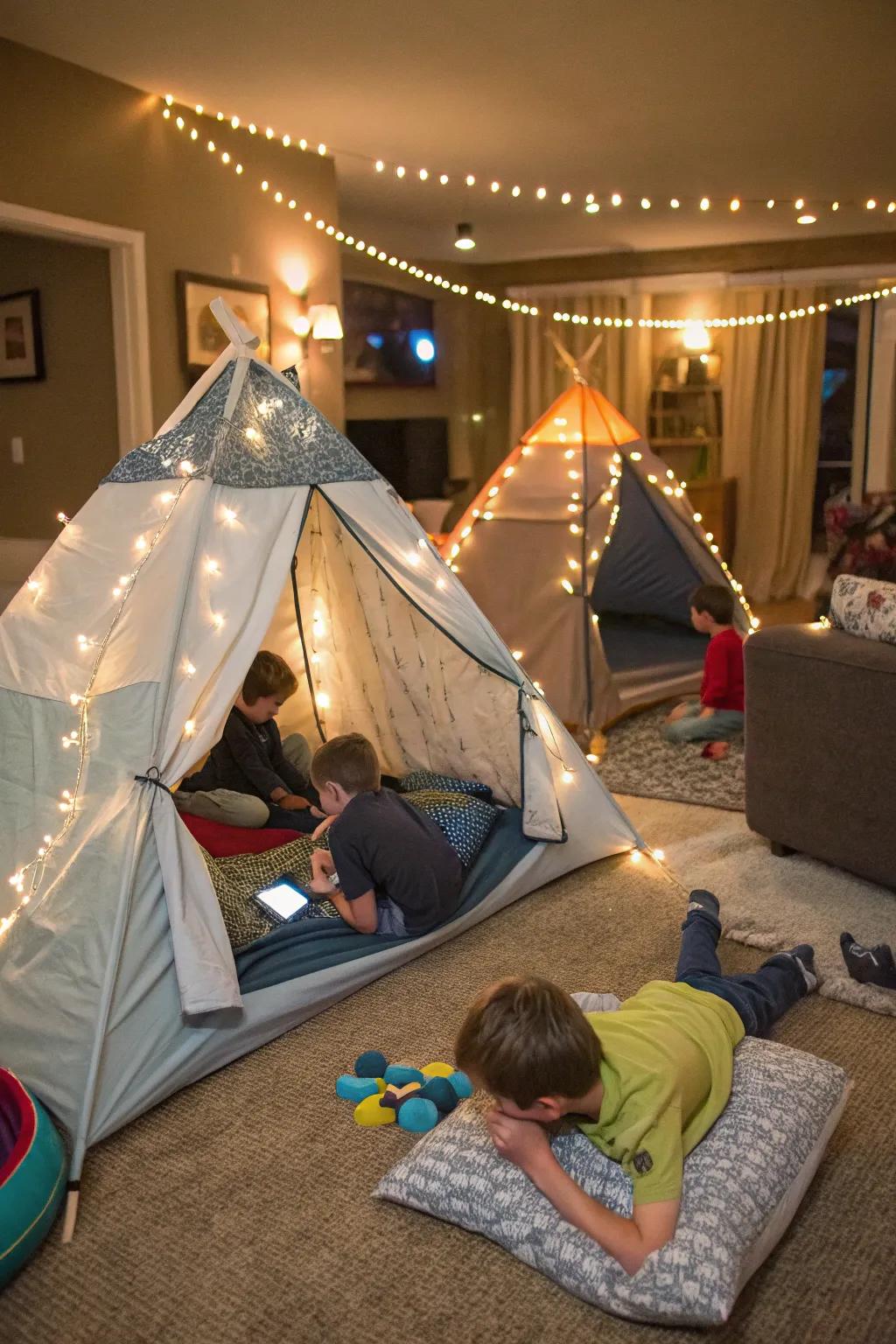 Indoor shelters make for an inviting and daring sleepover atmosphere.