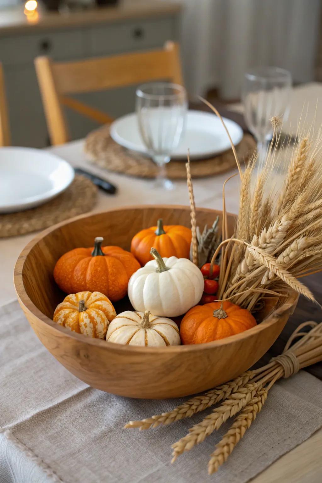 A fall-motivated pumpkin design in a mixing bowl