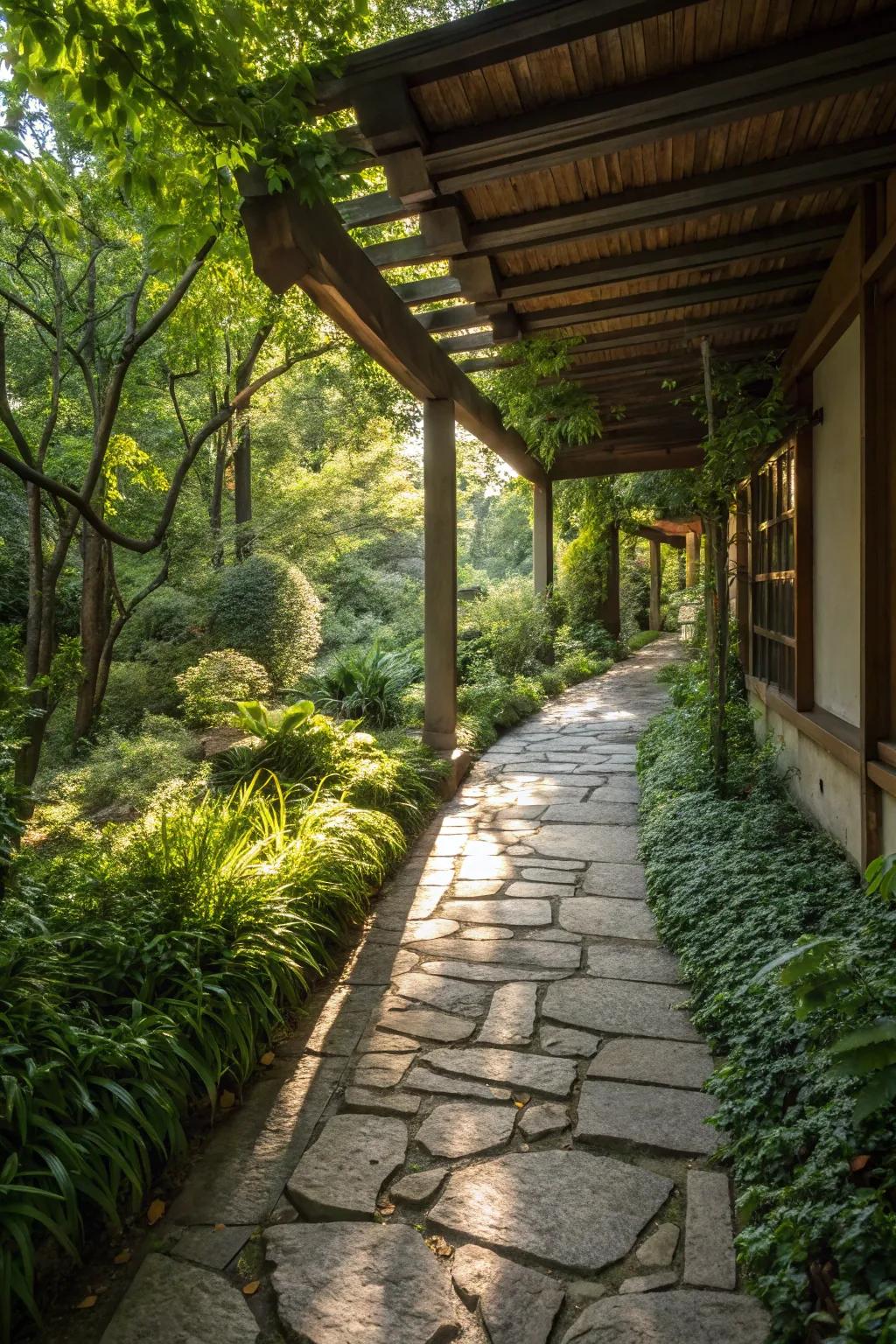 A lovely stone path introducing a countryside feel to the breezeway.